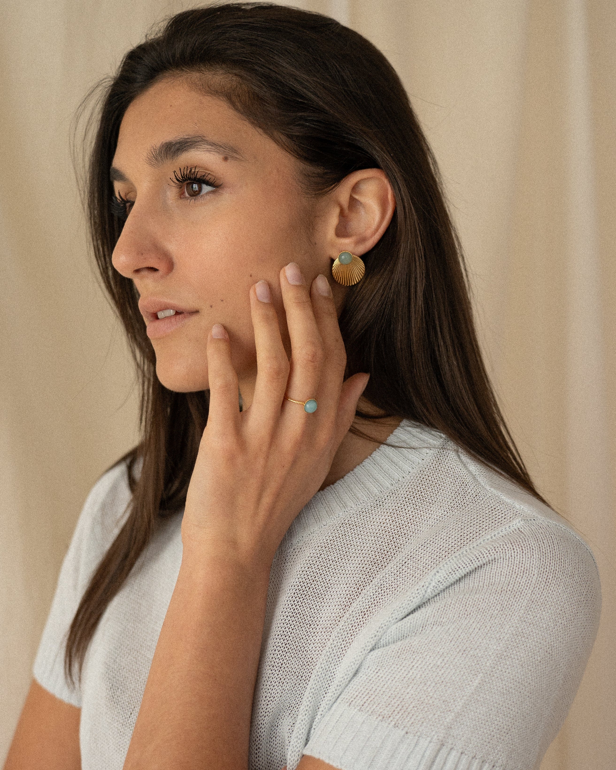 Bague pour femme plaqué or ajustable anneau texturé et pierre naturelle amazonite