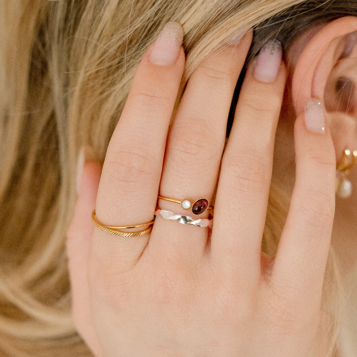 Bague Double En Quartz Rose Et Perle – Création Artisanale Plaquée Or Rose (Taille 60)